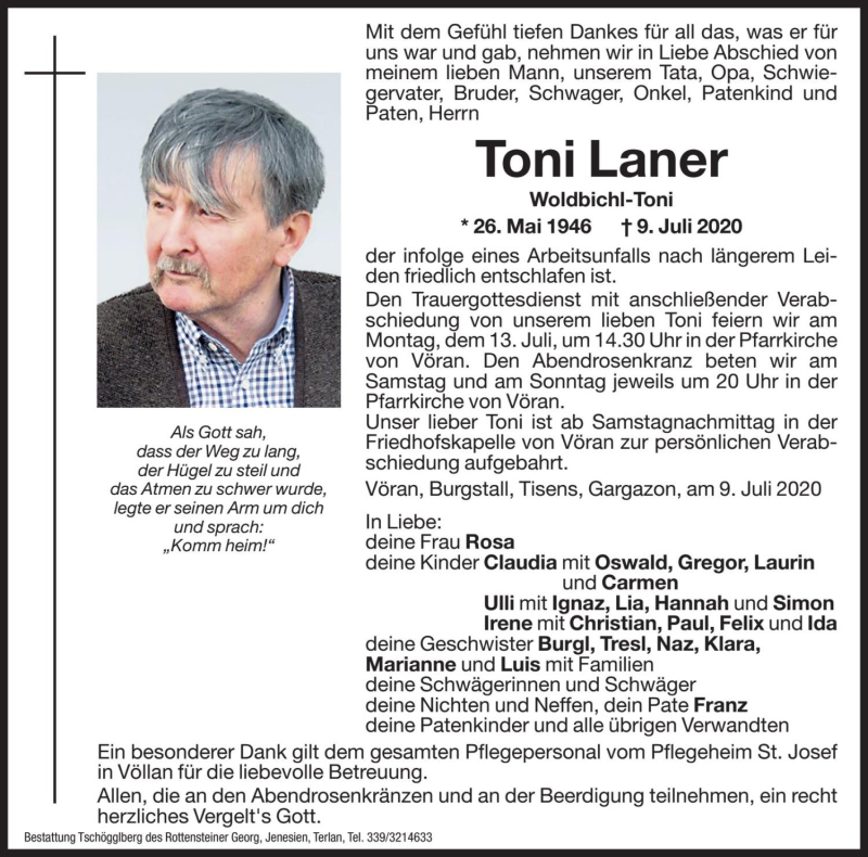  Traueranzeige für Toni Laner vom 11.07.2020 aus Dolomiten