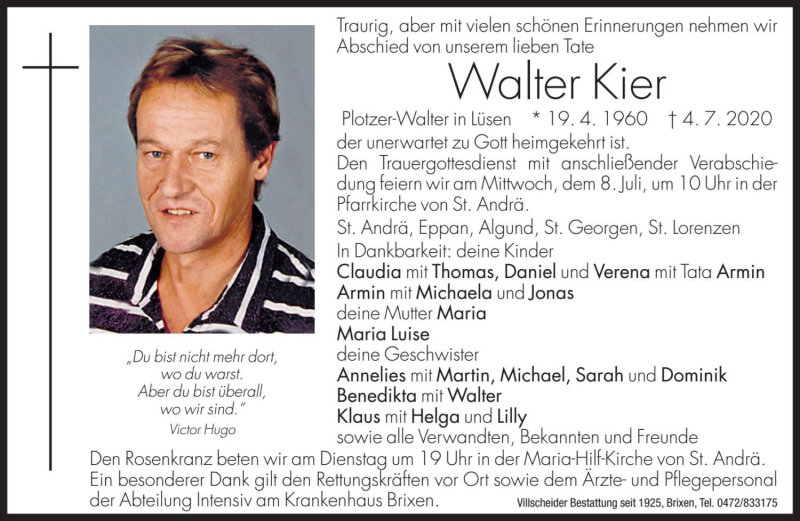  Traueranzeige für Walter Kier vom 07.07.2020 aus Dolomiten