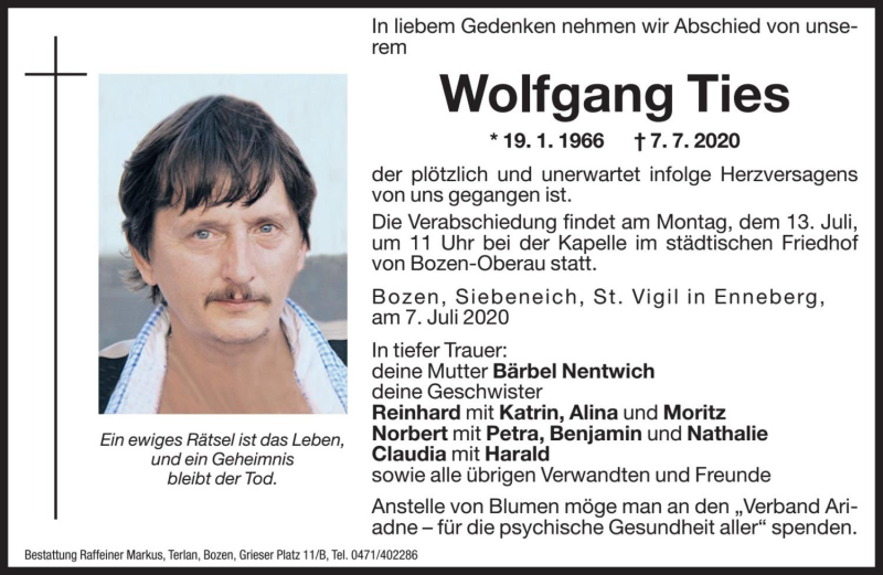  Traueranzeige für Wolfgang Ties vom 10.07.2020 aus Dolomiten