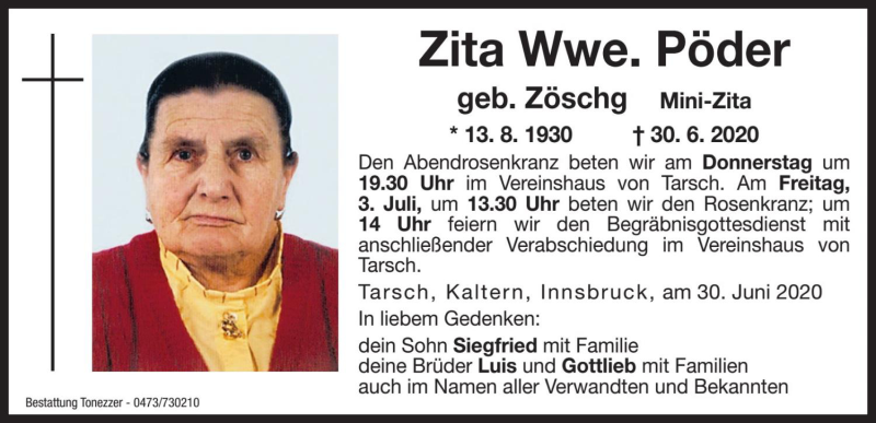  Traueranzeige für Zita Pöder vom 02.07.2020 aus Dolomiten
