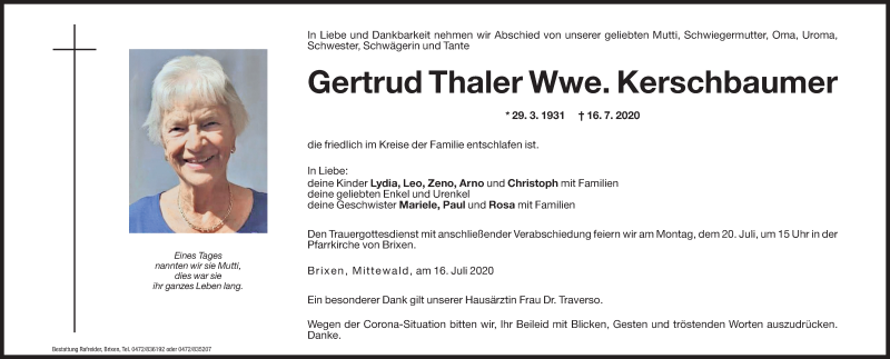  Traueranzeige für Gertrud Theresia Thaler vom 29.07.2020 aus 