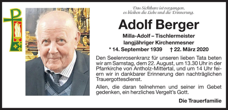  Traueranzeige für Adolf Berger vom 20.08.2020 aus Dolomiten