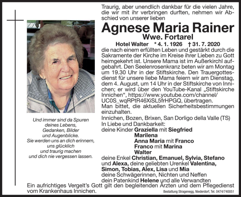  Traueranzeige für Agnese Maria Fortarel vom 03.08.2020 aus Dolomiten