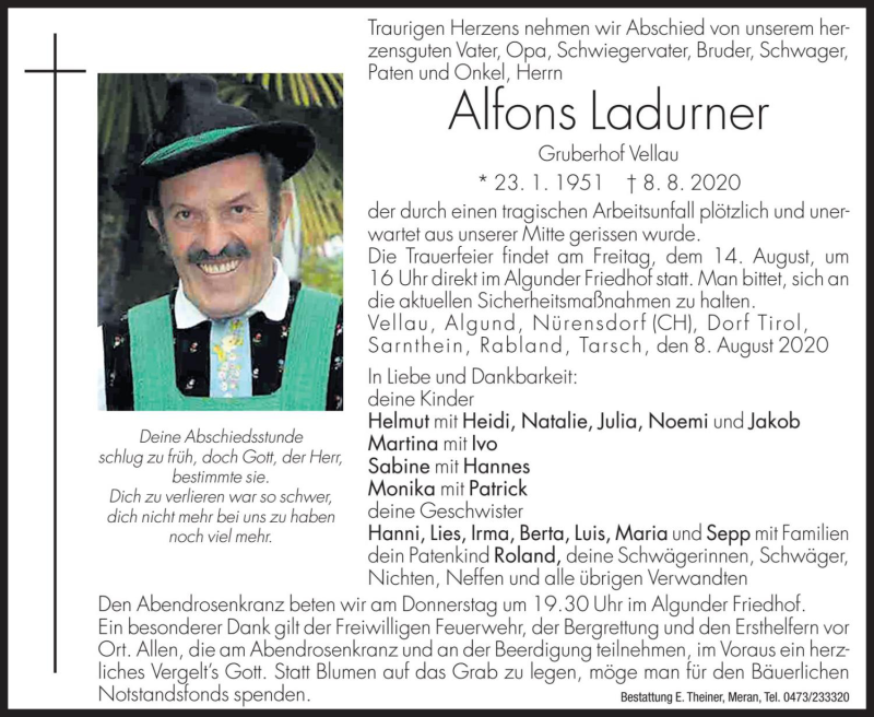  Traueranzeige für Alfons Ladurner vom 13.08.2020 aus Dolomiten