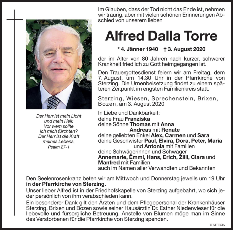  Traueranzeige für Alfred Dalla Torre vom 05.08.2020 aus Dolomiten