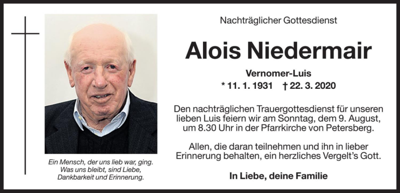  Traueranzeige für Alois Niedermair vom 07.08.2020 aus Dolomiten