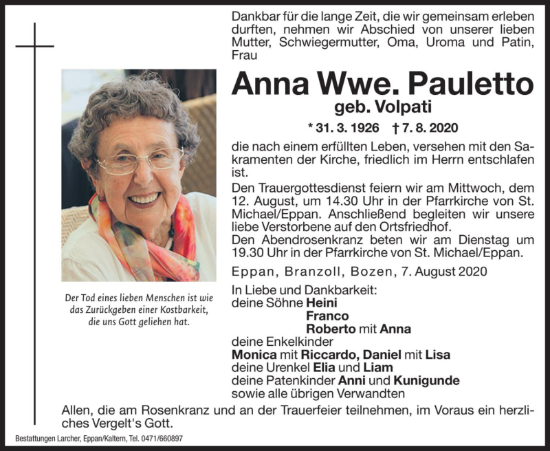  Traueranzeige für Anna Pauletto vom 08.08.2020 aus Dolomiten