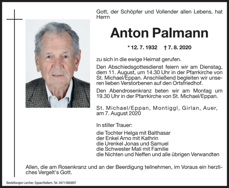  Traueranzeige für Anton Palmann vom 08.08.2020 aus Dolomiten
