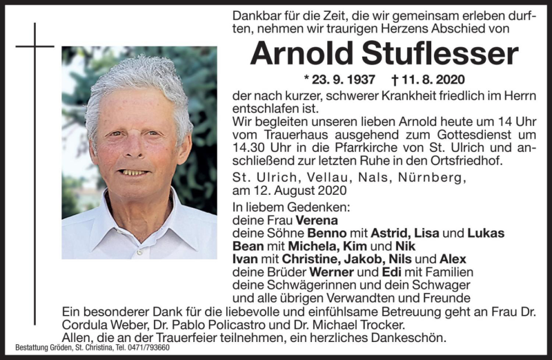  Traueranzeige für Arnold Stuflesser vom 13.08.2020 aus Dolomiten