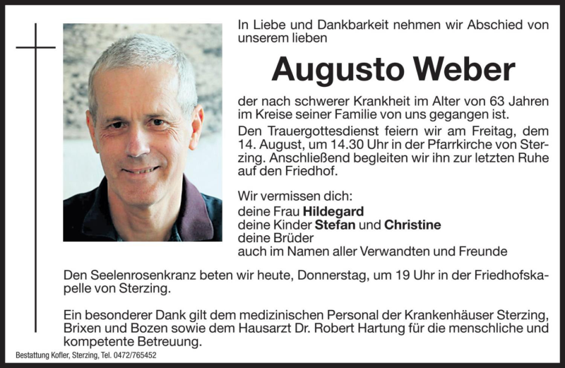  Traueranzeige für Augusto Weber vom 13.08.2020 aus Dolomiten
