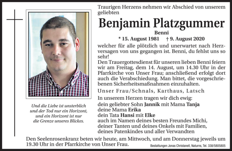  Traueranzeige für Benjamin Platzgummer vom 12.08.2020 aus Dolomiten