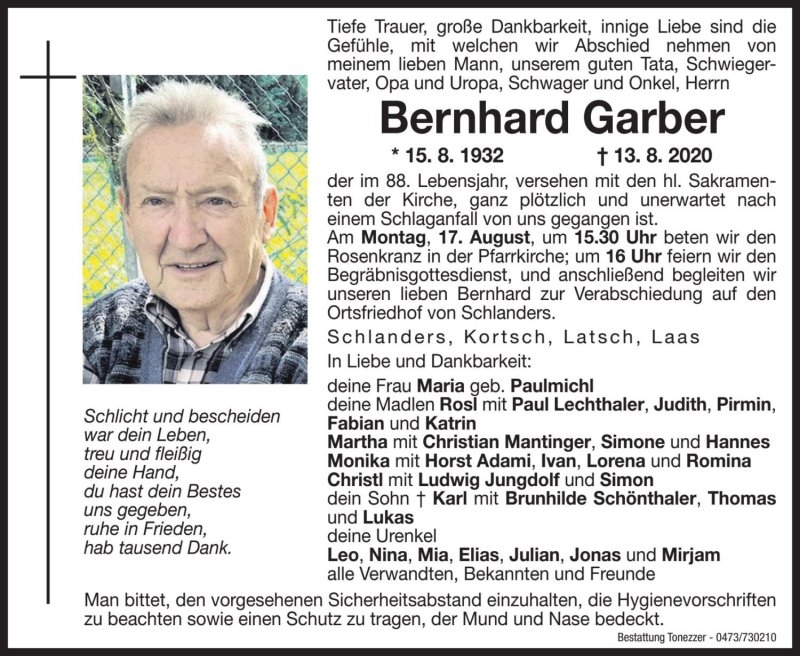  Traueranzeige für Bernhard Garber vom 17.08.2020 aus Dolomiten