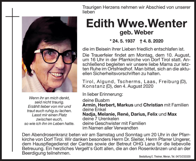  Traueranzeige für Edith Wenter vom 07.08.2020 aus Dolomiten