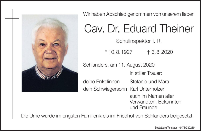  Traueranzeige für Eduard Theiner vom 11.08.2020 aus Dolomiten