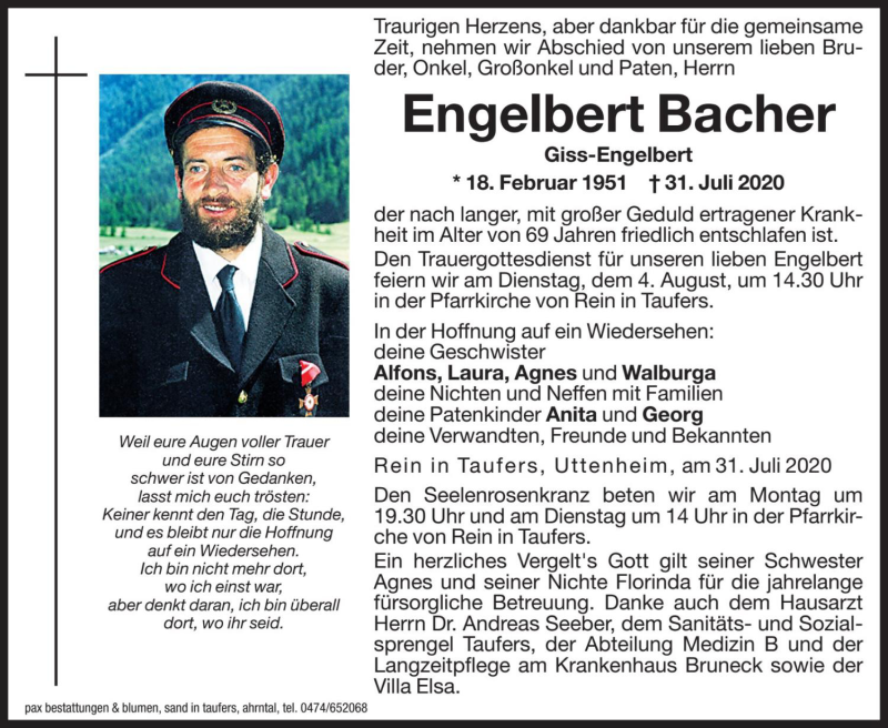  Traueranzeige für Engelbert Bacher vom 03.08.2020 aus Dolomiten