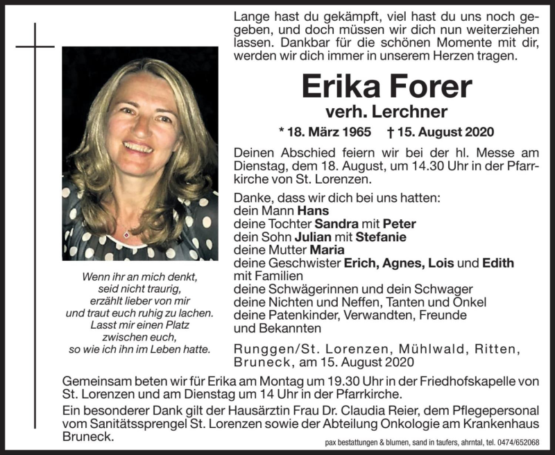  Traueranzeige für Erika Lerchner vom 17.08.2020 aus Dolomiten