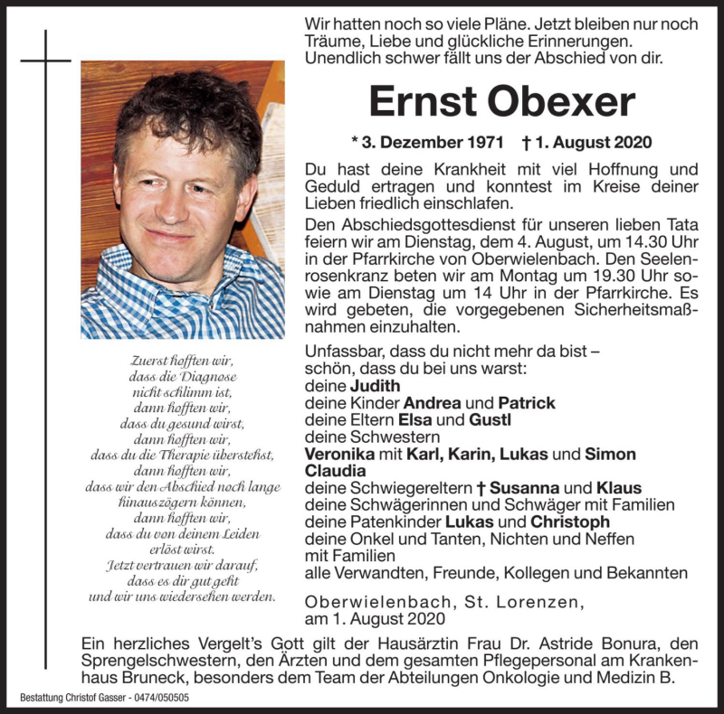  Traueranzeige für Ernst Obexer vom 03.08.2020 aus Dolomiten