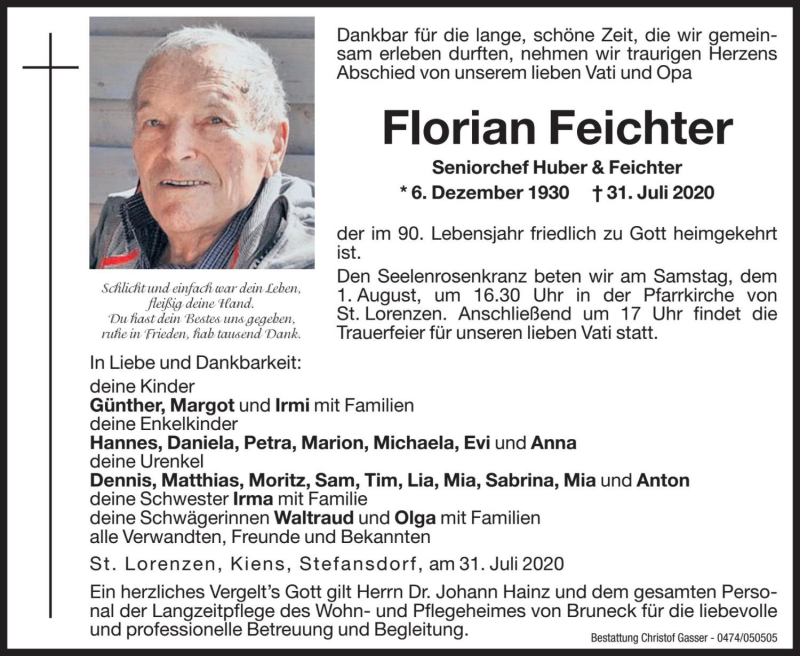  Traueranzeige für Florian Feichter vom 01.08.2020 aus Dolomiten