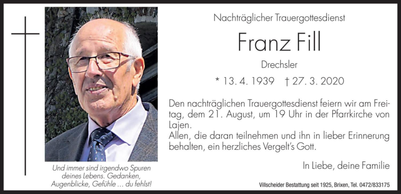  Traueranzeige für Franz Fill vom 19.08.2020 aus Dolomiten