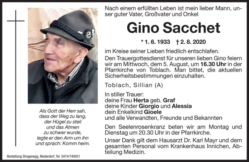  Traueranzeige für Gino Sacchet vom 03.08.2020 aus Dolomiten