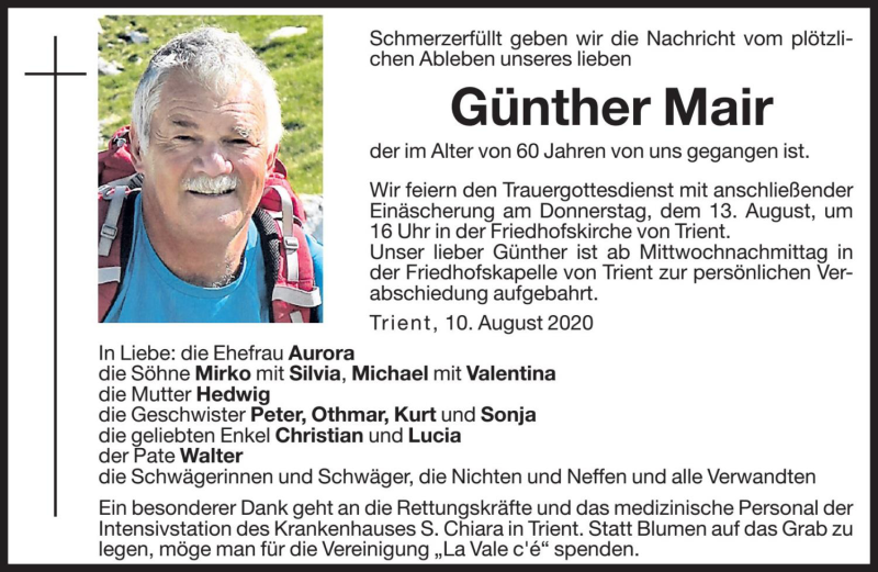  Traueranzeige für Günther Mair vom 12.08.2020 aus Dolomiten