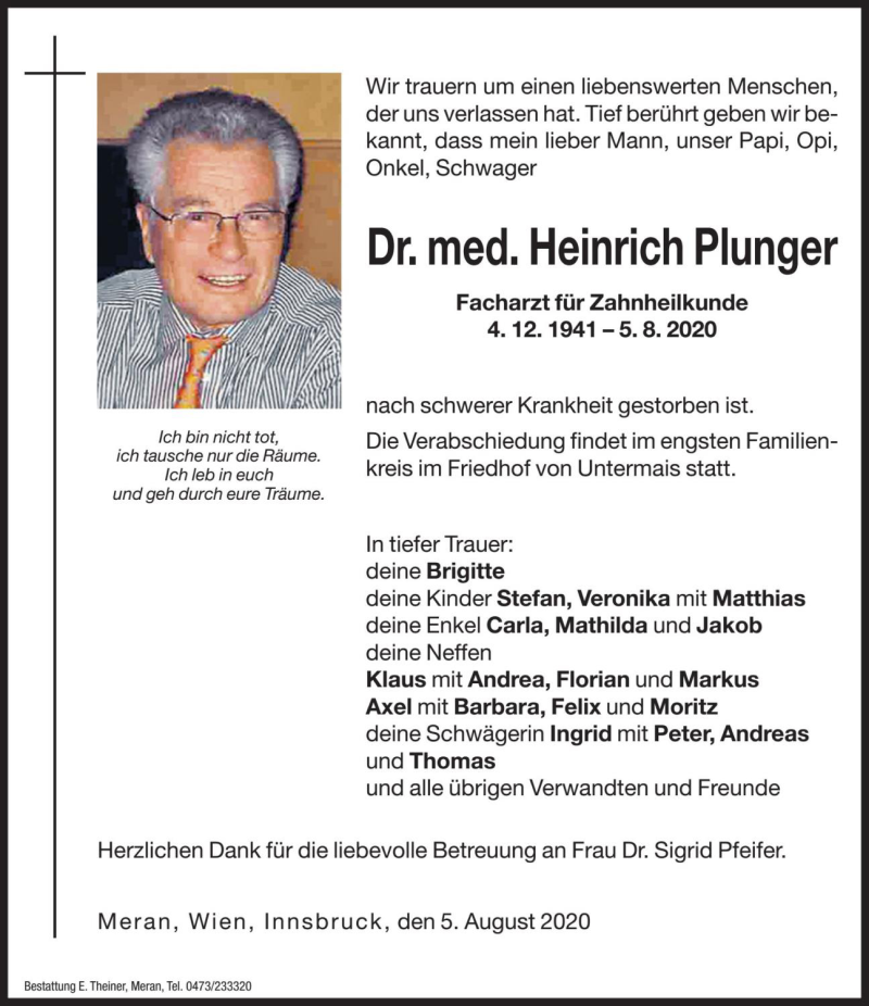  Traueranzeige für Heinrich Plunger vom 14.08.2020 aus Dolomiten