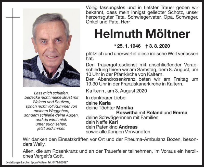  Traueranzeige für Helmuth Möltner vom 06.08.2020 aus Dolomiten