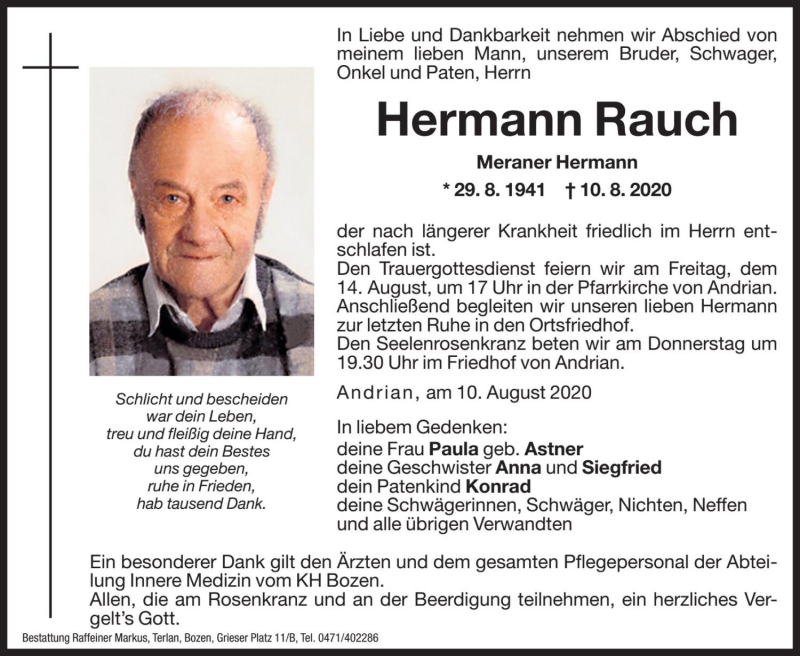  Traueranzeige für Hermann Rauch vom 12.08.2020 aus Dolomiten