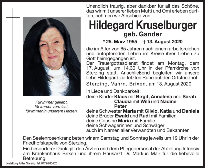  Traueranzeige für Hildegard Kruselburger vom 14.08.2020 aus Dolomiten