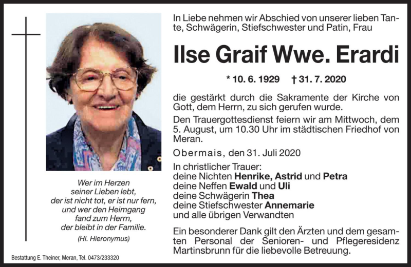  Traueranzeige für Ilse Erardi vom 03.08.2020 aus Dolomiten