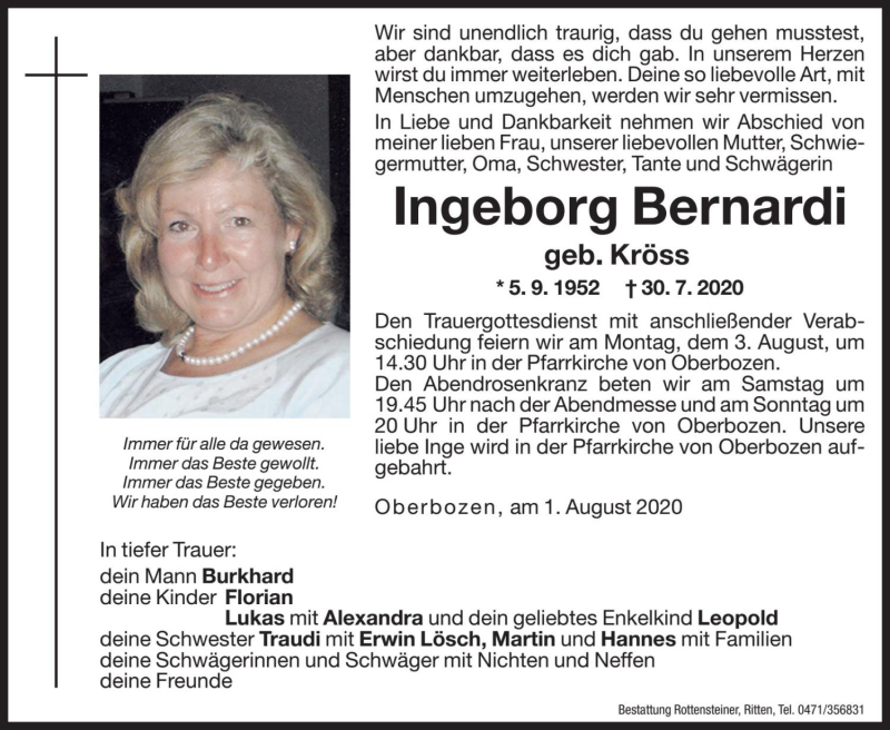  Traueranzeige für Ingeborg Bernardi vom 01.08.2020 aus Dolomiten