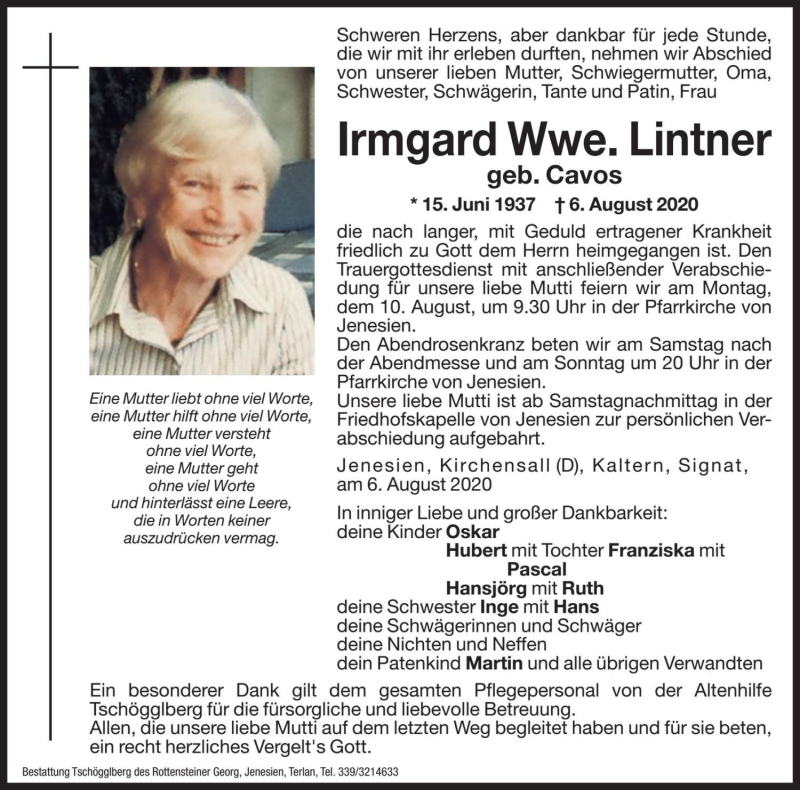  Traueranzeige für Irmgard Lintner vom 08.08.2020 aus Dolomiten