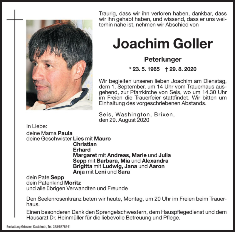  Traueranzeige für Joachim Goller vom 31.08.2020 aus Dolomiten
