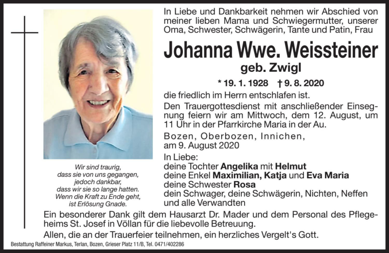  Traueranzeige für Johanna Weissteiner vom 11.08.2020 aus Dolomiten