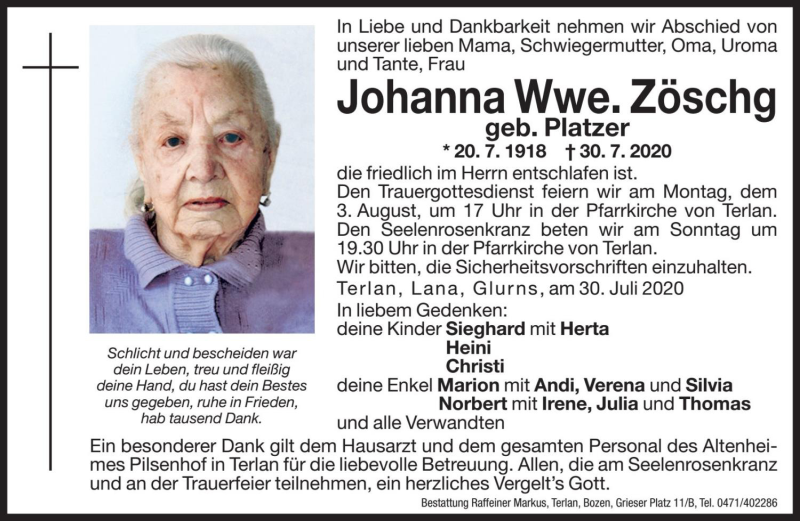  Traueranzeige für Johanna Zöschg vom 01.08.2020 aus Dolomiten