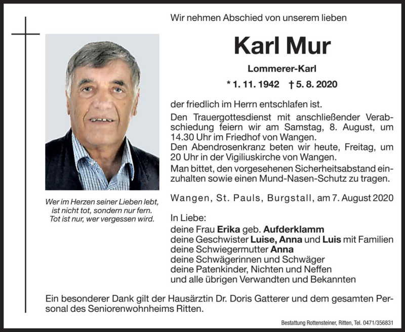 Traueranzeige für Karl Mur vom 07.08.2020 aus Dolomiten