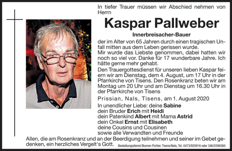  Traueranzeige für Kaspar Pallweber vom 03.08.2020 aus Dolomiten