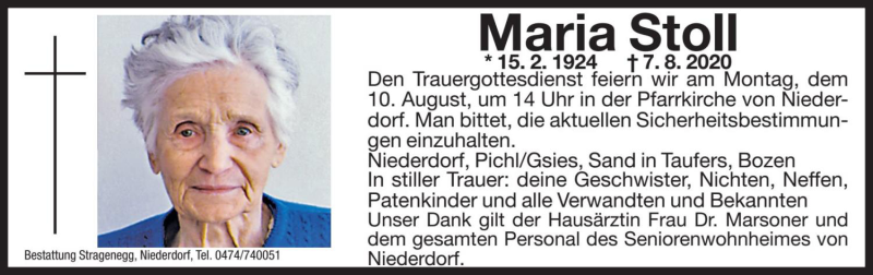  Traueranzeige für Maria Stoll vom 10.08.2020 aus Dolomiten