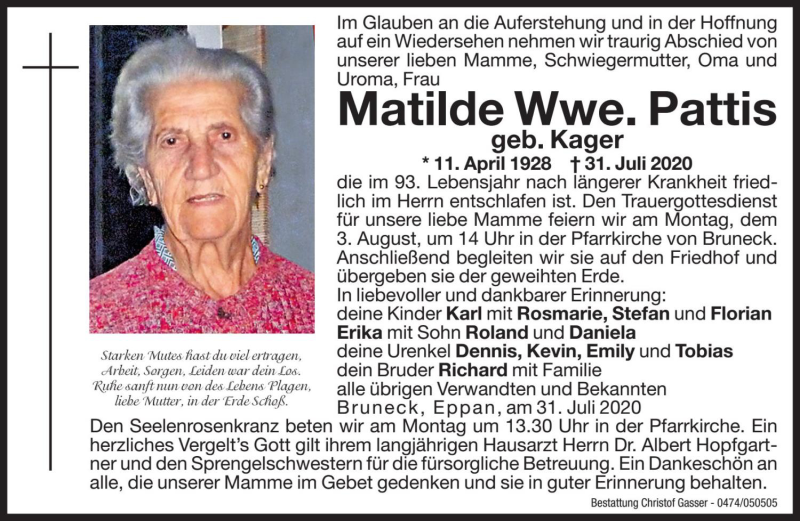  Traueranzeige für Matilde Pattis vom 03.08.2020 aus Dolomiten