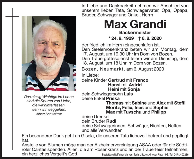  Traueranzeige für Max Grandi vom 11.08.2020 aus Dolomiten