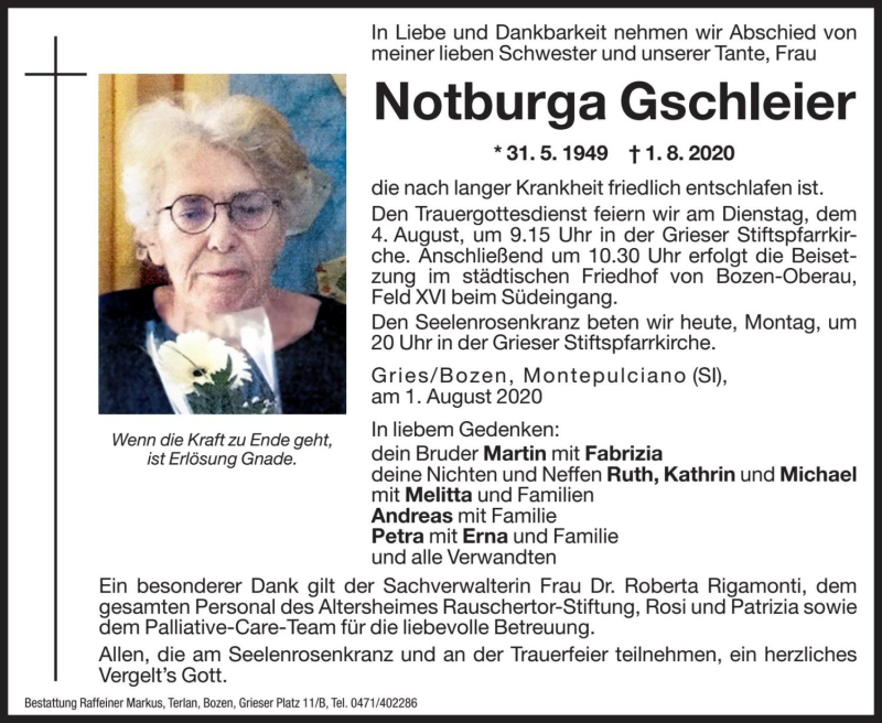  Traueranzeige für Notburga Gschleier vom 03.08.2020 aus Dolomiten