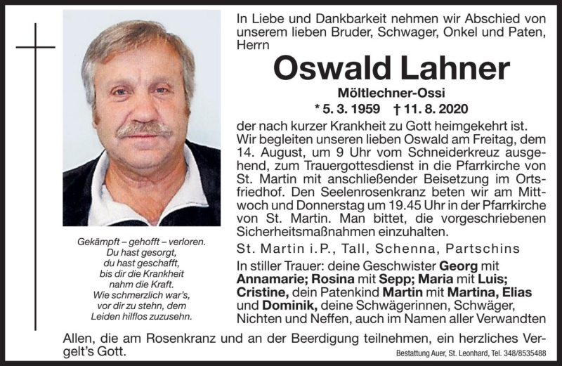  Traueranzeige für Oswald Lahner vom 12.08.2020 aus Dolomiten