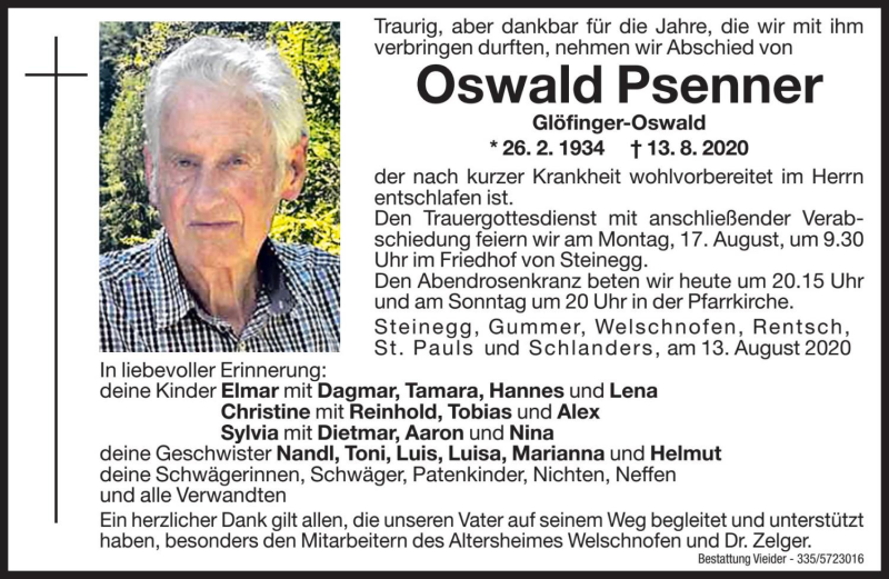  Traueranzeige für Oswald Psenner vom 14.08.2020 aus Dolomiten