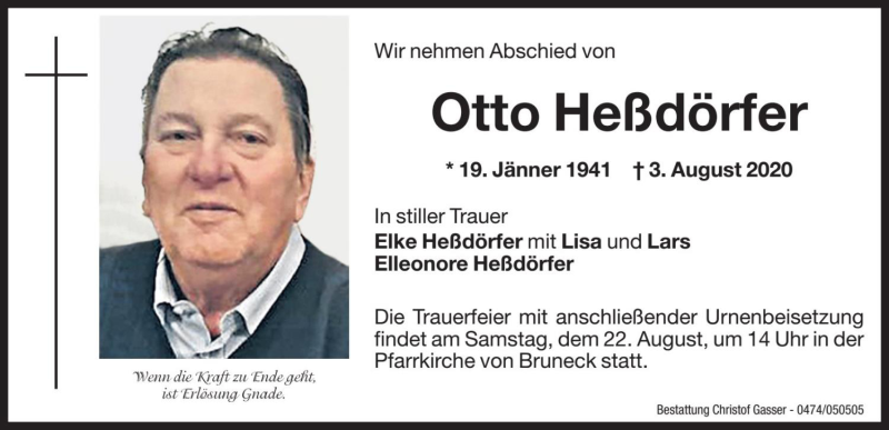  Traueranzeige für Otto Heßdörfer vom 20.08.2020 aus Dolomiten