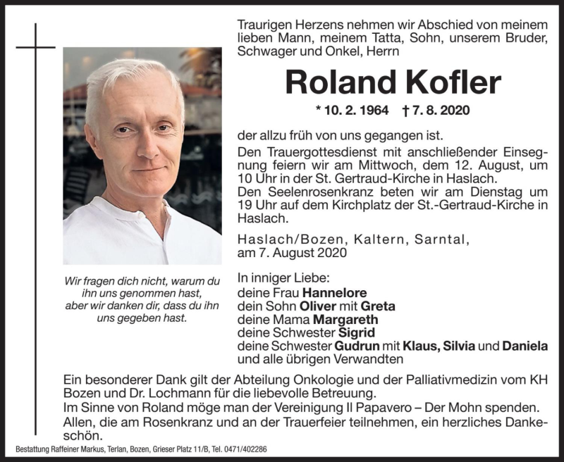  Traueranzeige für Roland Kofler vom 10.08.2020 aus Dolomiten