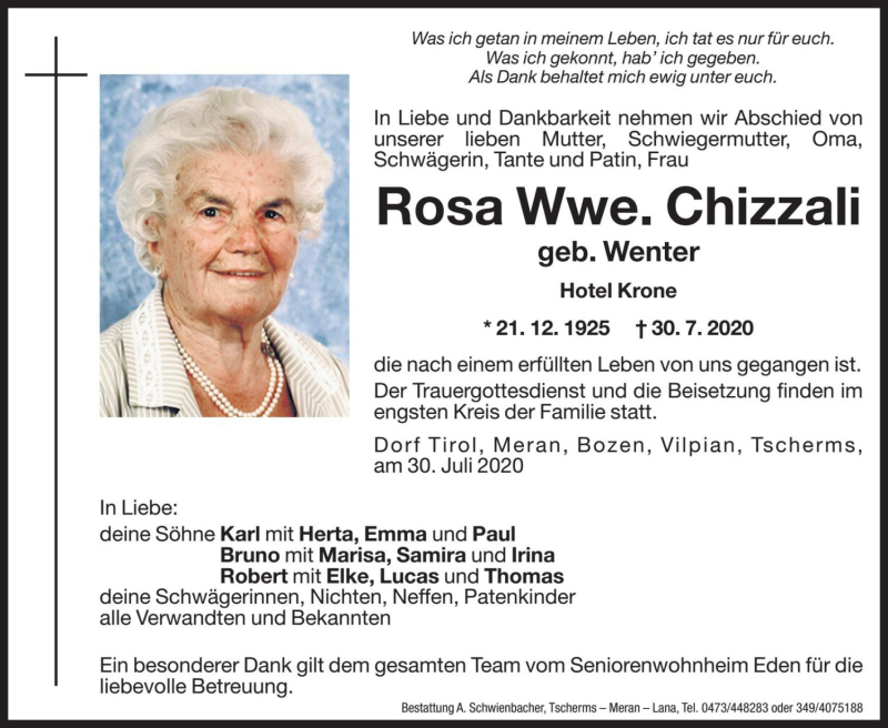  Traueranzeige für Rosa Chizzali vom 01.08.2020 aus Dolomiten