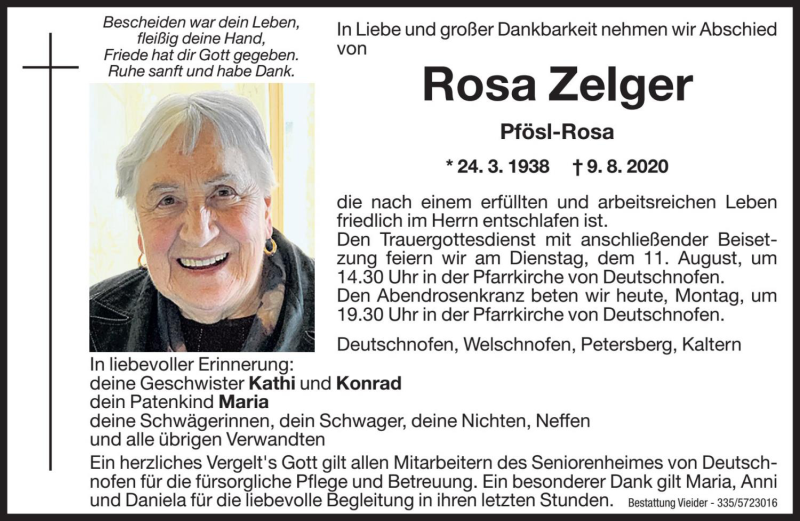  Traueranzeige für Rosa Zelger vom 10.08.2020 aus Dolomiten