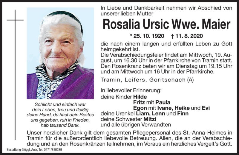  Traueranzeige für Rosalia Maier vom 12.08.2020 aus Dolomiten