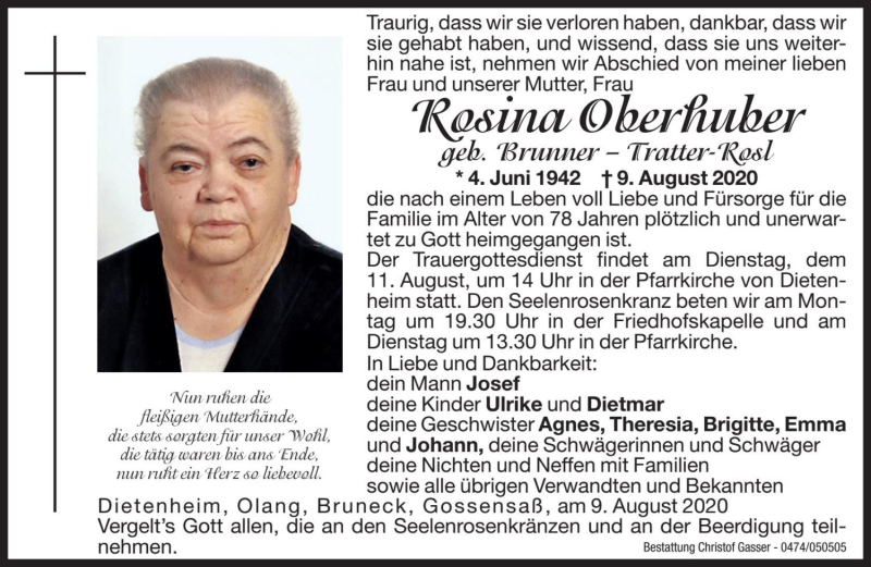  Traueranzeige für Rosina Oberhuber vom 10.08.2020 aus Dolomiten