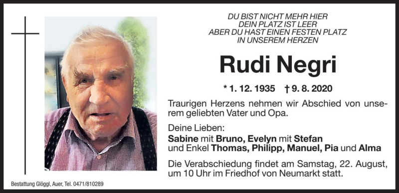  Traueranzeige für Rudi Negri vom 11.08.2020 aus Dolomiten